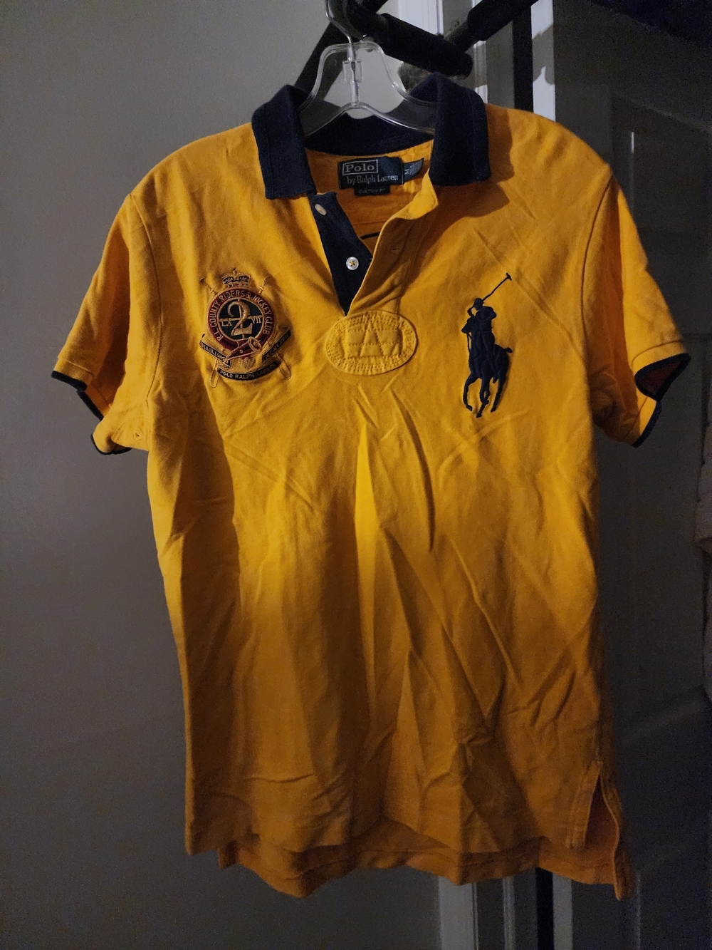 Ralph Lauren Yellow Polo with Navy Collar and Pony Emblem. S-M
